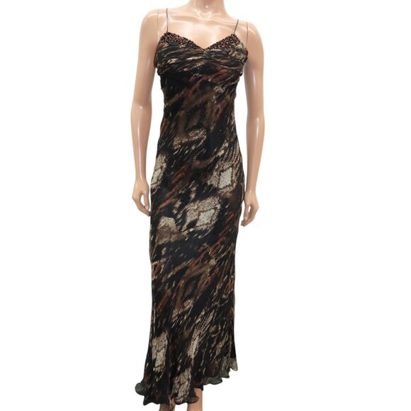 Y2K LE CHATEAU Brown Animal Print Maxi Slip Dress Beaded Bodice XS - Picture 1 of 8